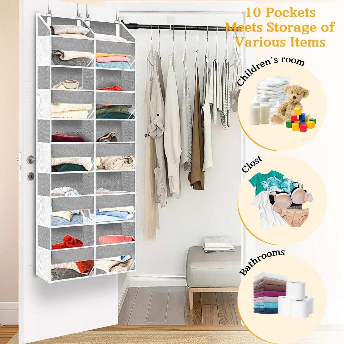2 Pack Over The Door Organizer 5 Tiers, Extra Large Behind Door Storage of 10 Compartments, 80 lbs Weight Capacity Over Door Organizer, Door Hanging Organizer for Closet, Diaper Organizer, Light Gray
