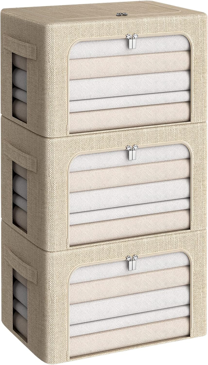 CYhom 3Pack Foldable Storage Bins - Frame Storage Box Linen Fabric Stackable Clothes Container Organizer with Clear Window & Carry Handles Large Capacity (Medium-36L, Beige)