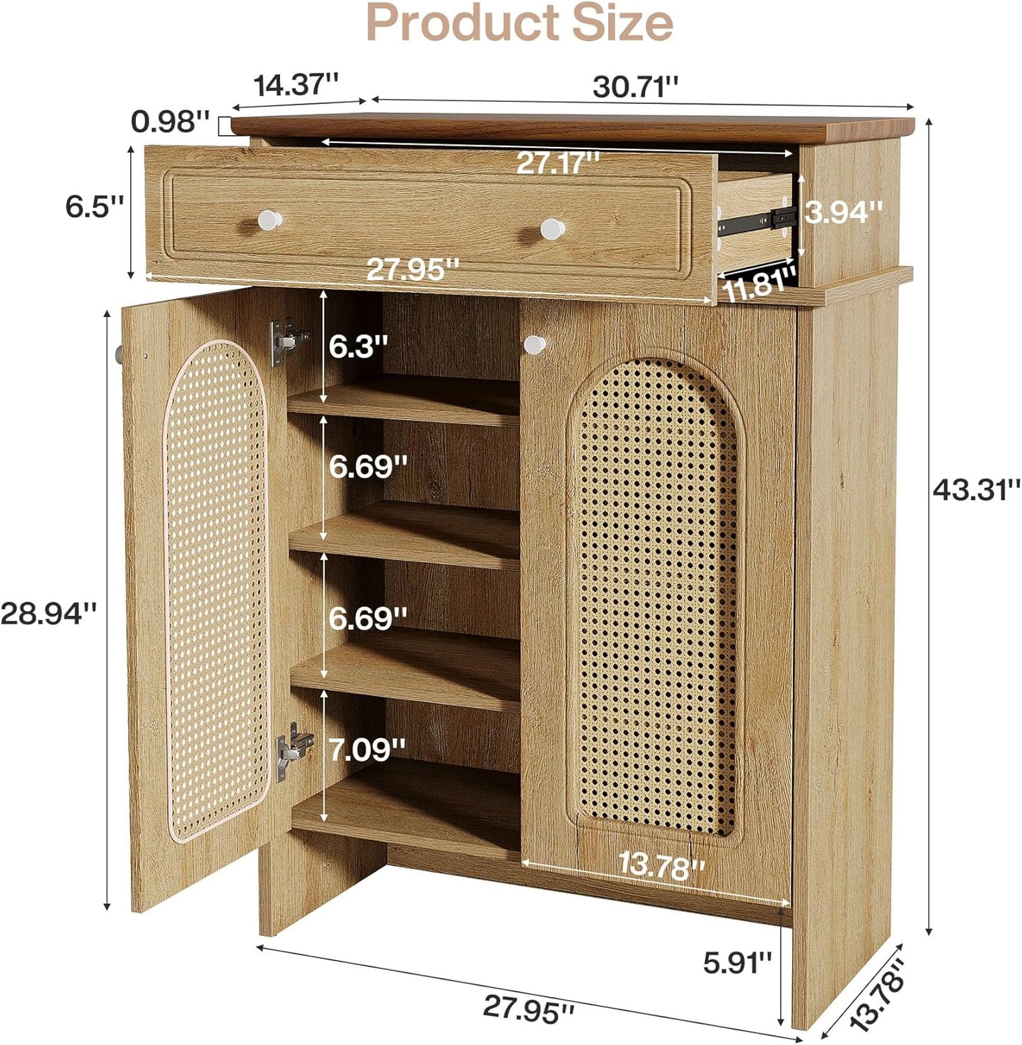 Tribesigns Shoe Cabinet with Doors, 6-Tier Shoe Rack with Drawer and Adjustable Shelves, 43.3" Tall Boho Farmhouse Shoe Storage Cabinet for Entryway, Hallway, Bedroom (Natural & Walnut)