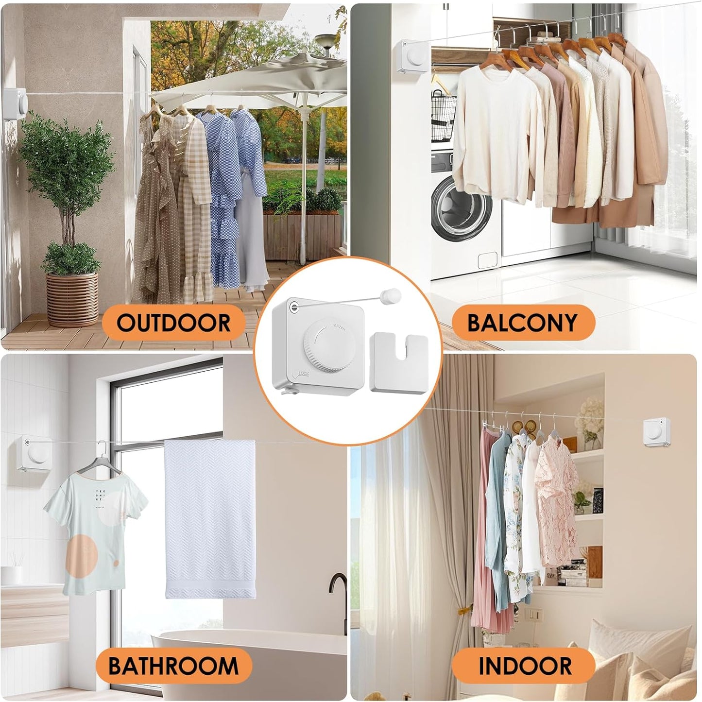 Yejay Retractable Clothesline Indoor, Non-Sagging Clothes Line Retracting Outdoors,Wall Mounted Heavy Duty Clothes Drying Line, Space-Saving Laundry Line for Balcony, Bathroom - 15.7Ft (White)