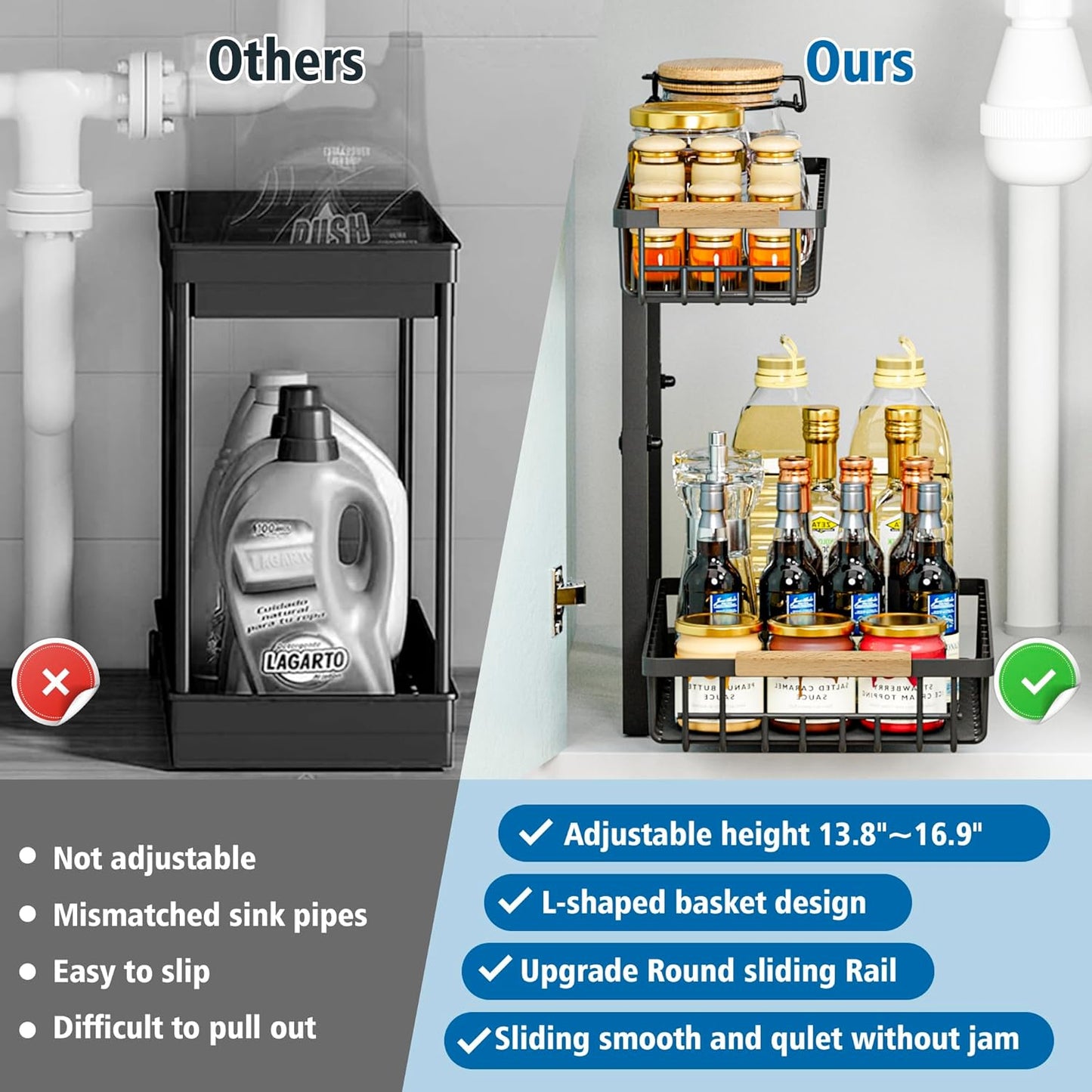 Under Sink Organizers, 2 Tier Pull Out Under Cabinet Organizer，Height Adjustable Pull Out Cabinet Drawers, Metal Sliding Drawer for Kitchen Bathroom Pantry Cabinet Closet Organization Rack，1 Pack