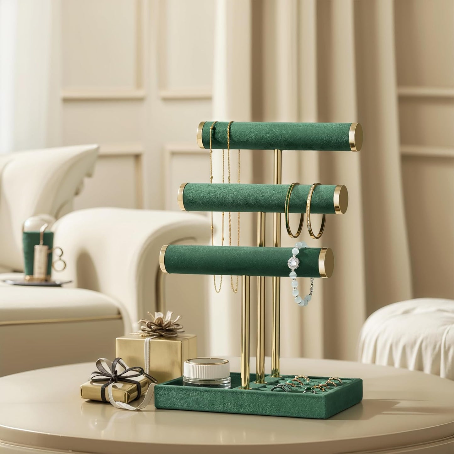 3 Tier Bracelet Holder Display - Detachable T Bar Dark Green Velvet Bracelet Holder, Jewelry Holder Organizer for Bracelet, Necklace, Watches, Rings