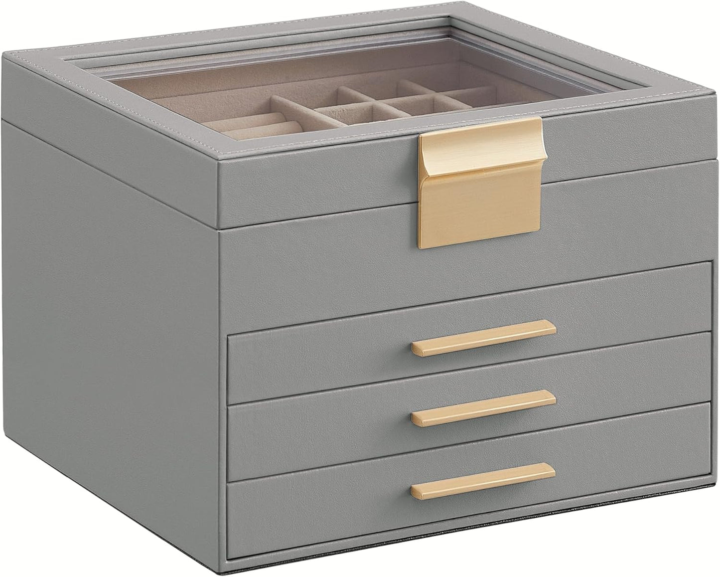 SONGMICS Jewelry Box Organizer with Glass Lid, 4-Layer Jewelry Storage, with 3 Drawers, Modern Style, Christmas Gift, 8 x 9.1 x 6.5 Inches, Dove Gray and Gold Color UJBC173G01