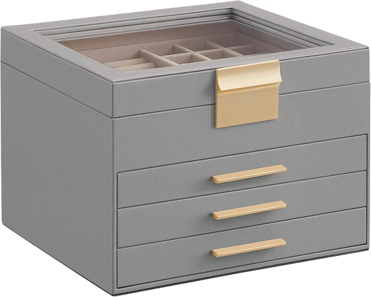 SONGMICS Jewelry Box Organizer with Glass Lid, 4-Layer Jewelry Storage, with 3 Drawers, Modern Style, Christmas Gift, 8 x 9.1 x 6.5 Inches, Dove Gray and Gold Color UJBC173G01