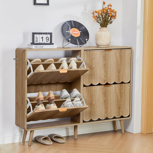 ORRD Shoe Storage Cabinet for Entryway with 4 Flip Drawers, Freestanding Narrow Wood Shoe Cabinet with Wave Panel, Hidden Shoe Organizer for Foyer, Hallway (Natural)