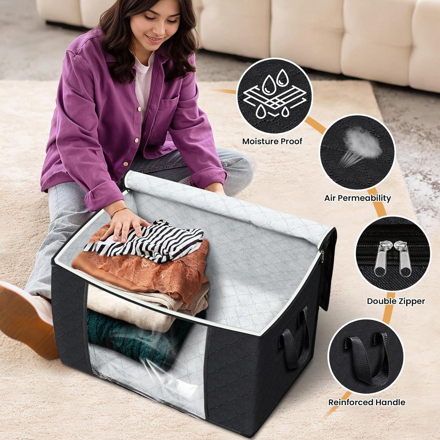 Fab totes 24 Gallons Clothes Storage, Foldable Thick Fabric Blanket Storage Bags, Containers for Organizing Bedroom, Closet, Clothing, Comforter, Organization with Handle (4 Pack,Black)