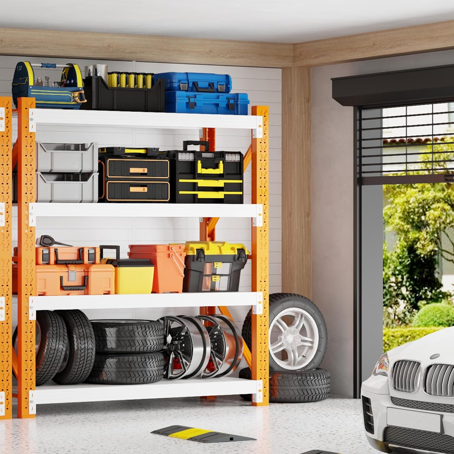 5000LBS Garage Shelving 59" W Garage Shelving Heavy Duty 4-Tier Metal Storage Shelves Adjustable Shelf Unit Storage Rack for Basement Supermarket Warehouse 59" W x 20" D x 78" H Orange-White