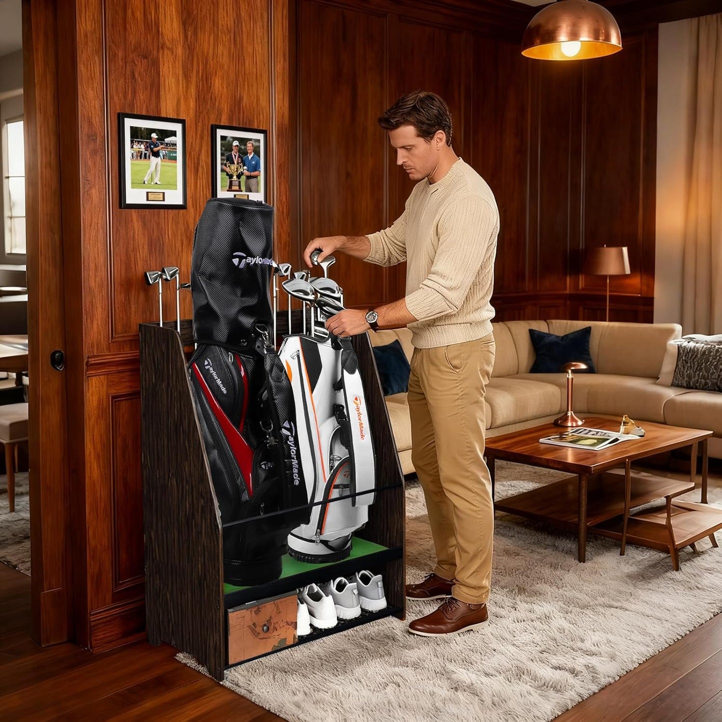 Golf Bag Organizer Rack – Large Wooden Golf Storage for 2 Bags, Clubs & Accessories with Dustproof Drawer, Sports Equipment Rack for Garage, Practice Room, Home or Office (Black)