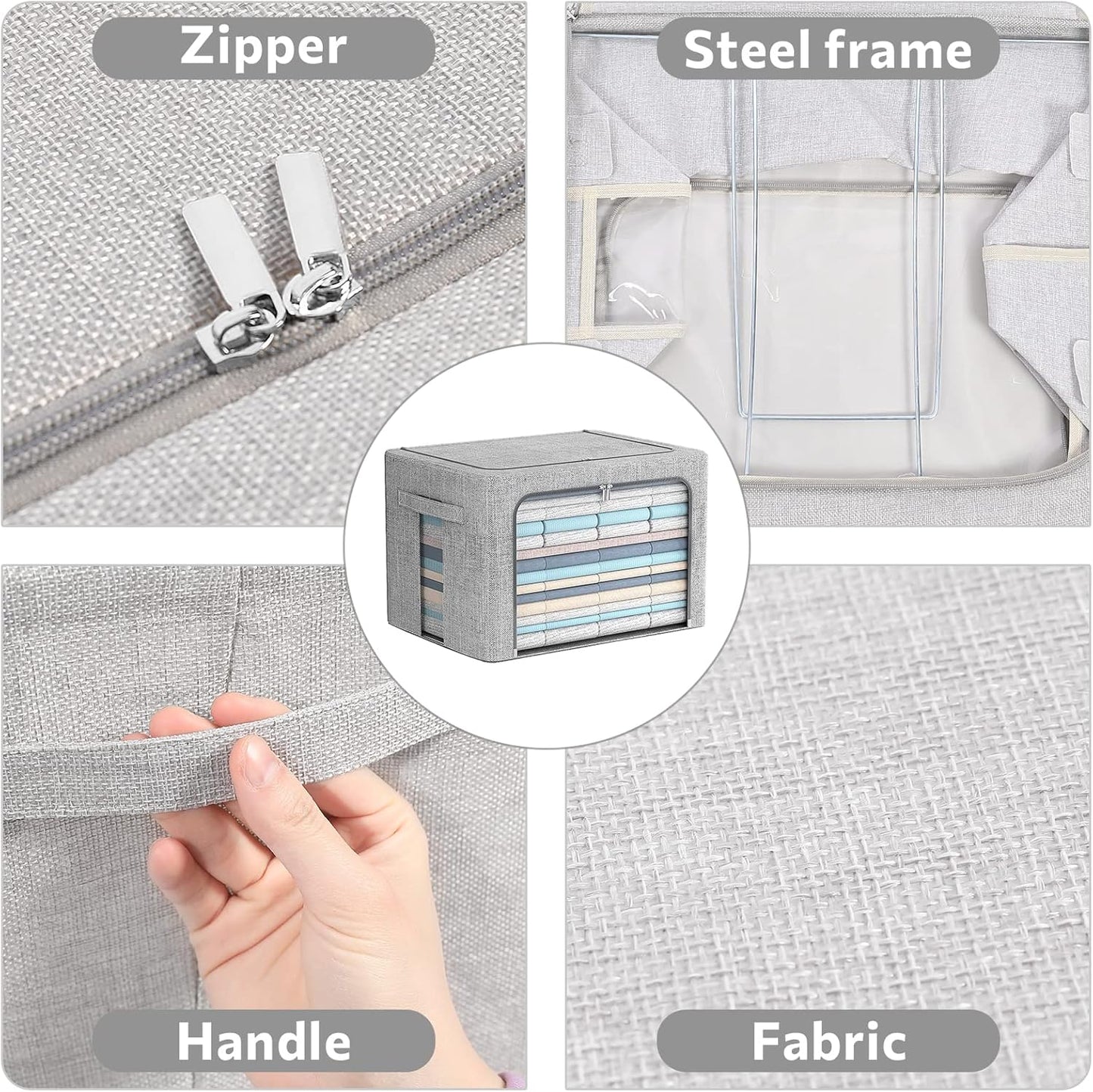 FHSQX 2 Pack Clear Window Storage Bins - Large Stackable Linen Fabric Storage for Clothes Foldable Container Organizer Set with Carrying Handles (Light Gray, 23.6x 16.5x 15.7 Inch)