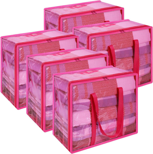 Vieshful Pink 40L Clear Clothes Storage Bag with Zipper 5 Pack Colorful Clothes Organizer Vinyl Storage Bag for Comforter, Blanket, Bedding, Duvet, Transparent Moving Totes
