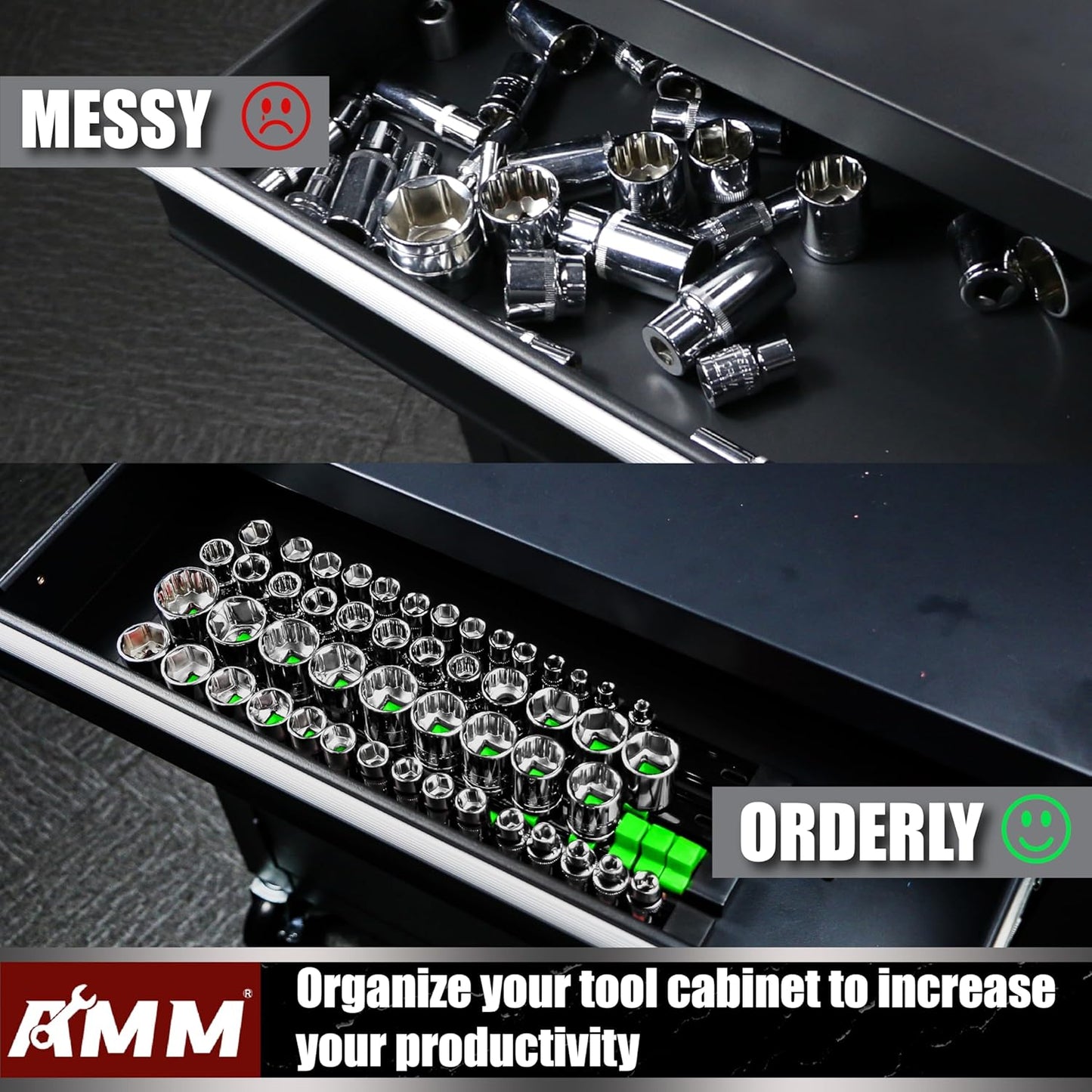 AMM 9-Piece Socket Organizer, 1/2 inch, 3/8 inch and 1/4 inch Drive ABS Tools-Green Socket Holder,Heavy Duty Socket Racks, Premium Quality Socket Clip Rail Holder,The Best Tool Trays in The Garage