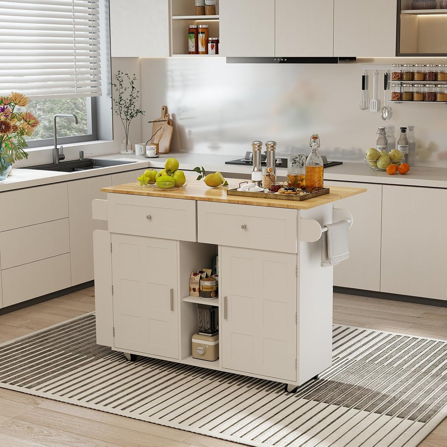 YOURLITE Kitchen Islands with Wheels, 45" Kitchen Island with Drop Leaf, Home Bar Table with Spice Rack & with Trash Cabinet, Rolling Island Table for Dining Room with Power Outlet, White