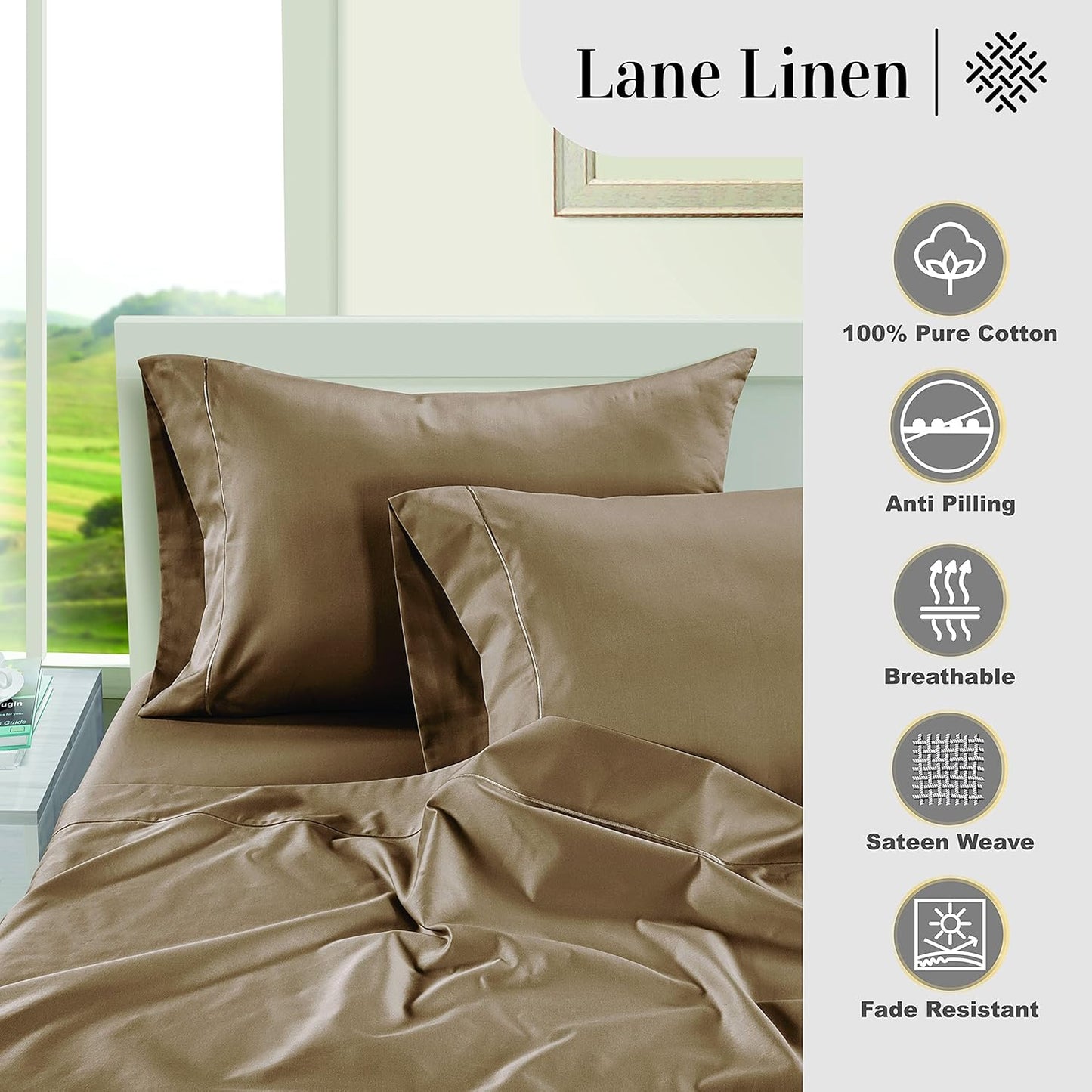 LANE LINEN Pillow Case Covers King Set of 2 100% Egyptian Cotton Sateen Soft Cool & Smooth 1000 Thread Count Cases - Taupe