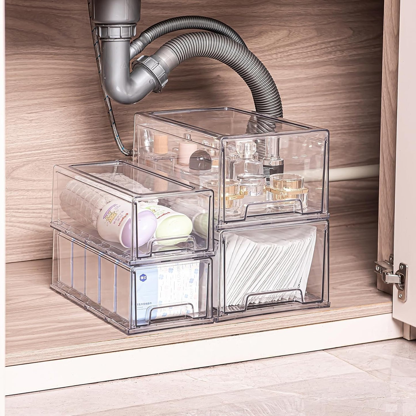 2 Pack Stackable Pull-Out Storage Drawers，Plastic Clear Organizer Bins with Handles，Easily Clean for Craft, and Toy Organization，Kitchen Undersink，Cabinet，Fridge，Closet，Pantry，Office，Bathroom