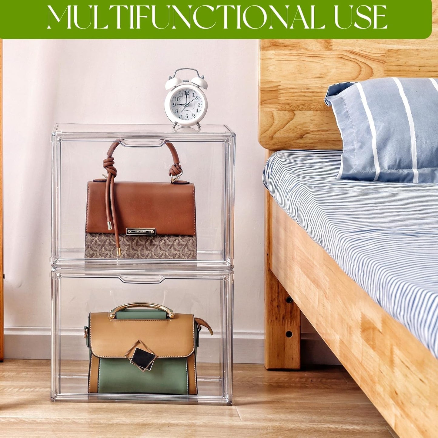 Purse Organizer for Closet, 5 Pack Clear Acrylic Display Case for Purse Handbag Storage, Stackable Purse Storage Boxes with Magnetic Door for Collectibles, Wallet, Cosmetic