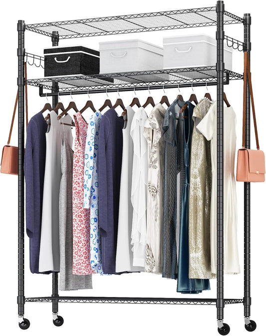 BATHWA Rolling Garment Rack with Adjustable Wire Shelf, 3 Tired Clothes Rack including 1 Clothes Hanging Bar, 1 Roating Hanger Hooks - Hold Up to 400Lbs (Black, 1Rod 1Hook)