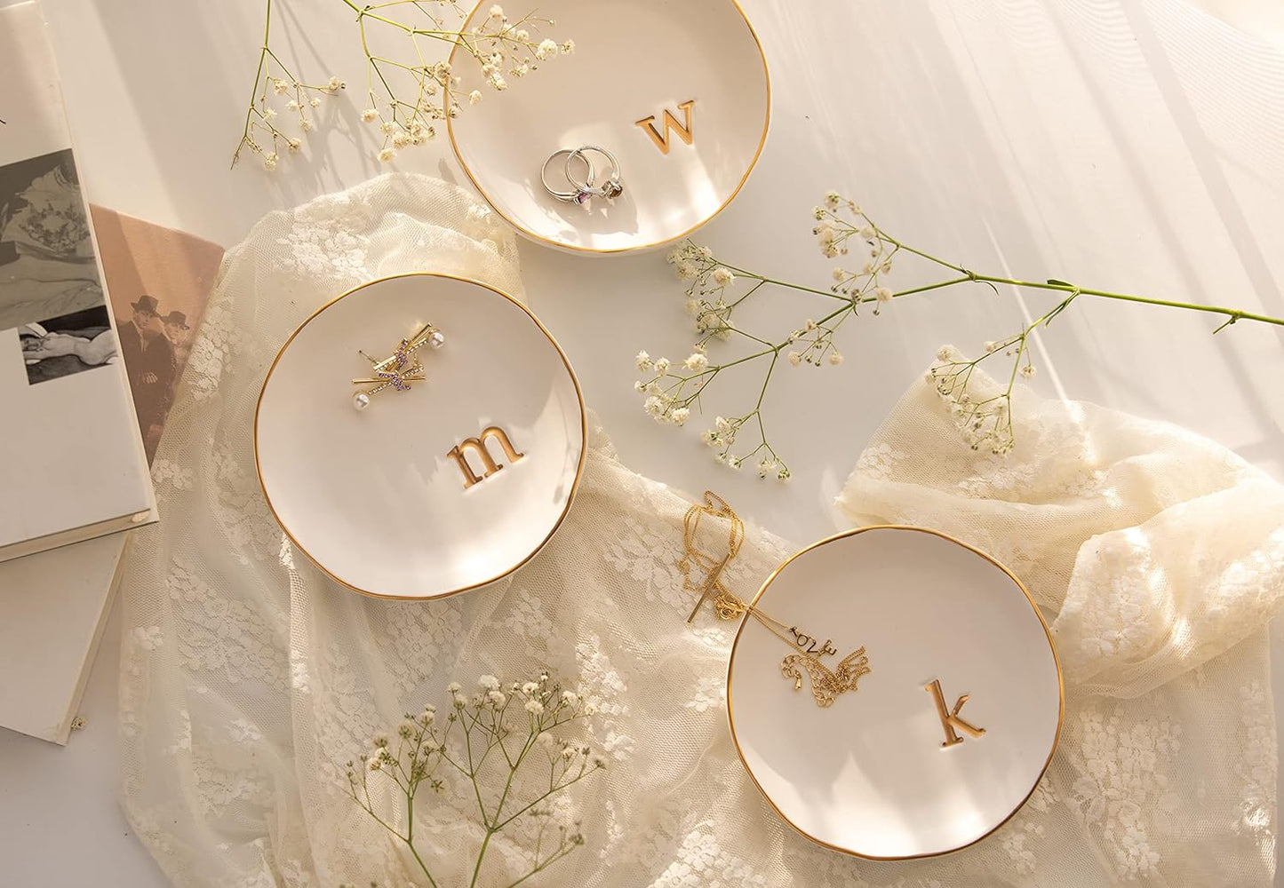 COLLECTIVE HOME - Ceramic Jewelry Tray, Decorative Trinket Dish for Rings Earrings Necklaces Bracelet Watch Keys, Birthday Mother's Day Christmas Gift for Women, 4.75", White Surface (F)