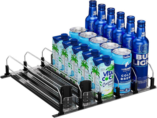 Puricon Drink Organizer for Fridge Pusher Glide, Spring Loaded Fridge Drink Dispenser, Self Pushing Soda Can Organizer for Refrigerator, Beer Bottle Beverage Organizer Drink Holder -5 Rows, Black