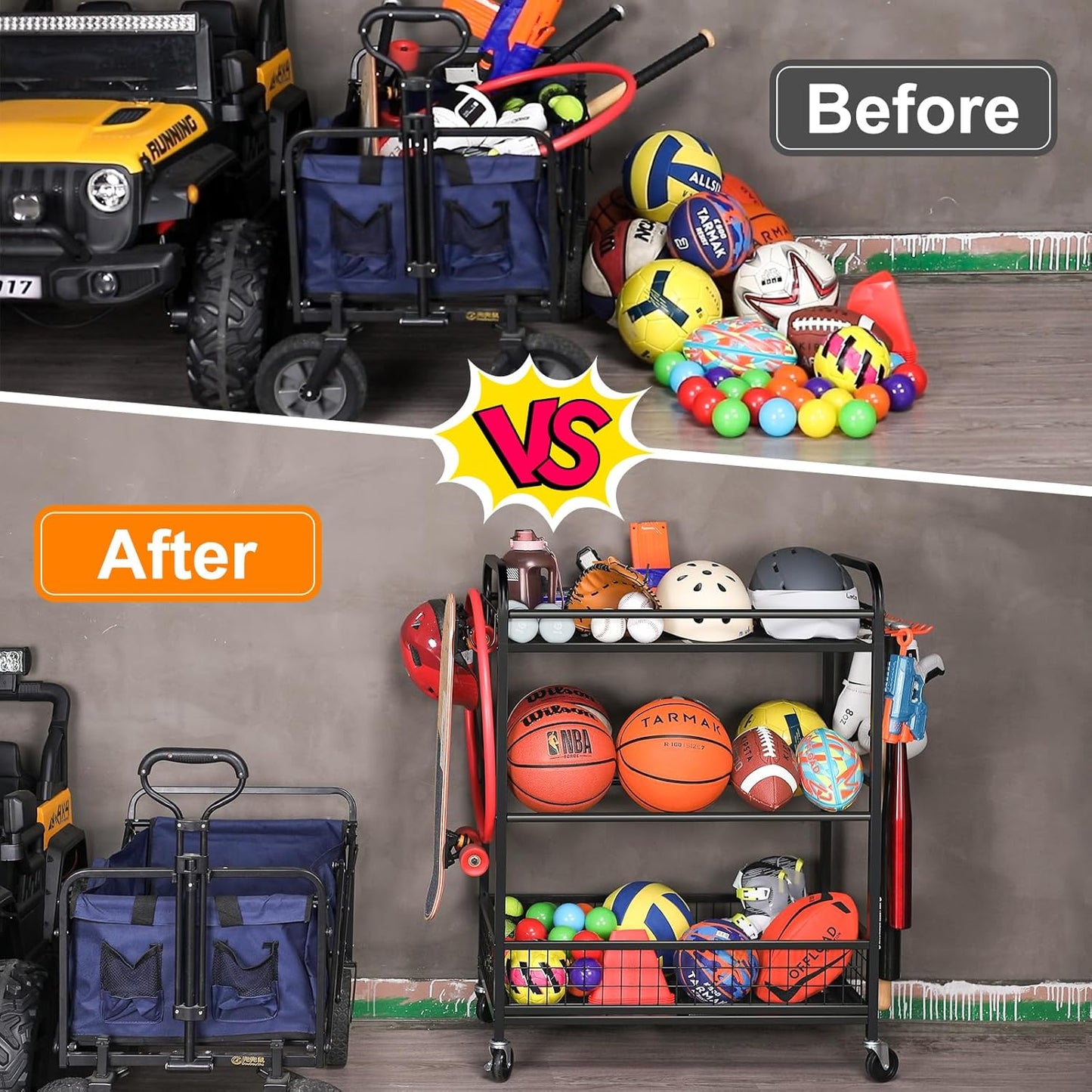Ball Storage Sports Equipment Organizer - Garage Storage Cart Rolling Ball Storage Rack with Hooks Wheels Outdoor Indoor Gym Gear Toy Holder Bin for Basketball, Baseball, Soccer