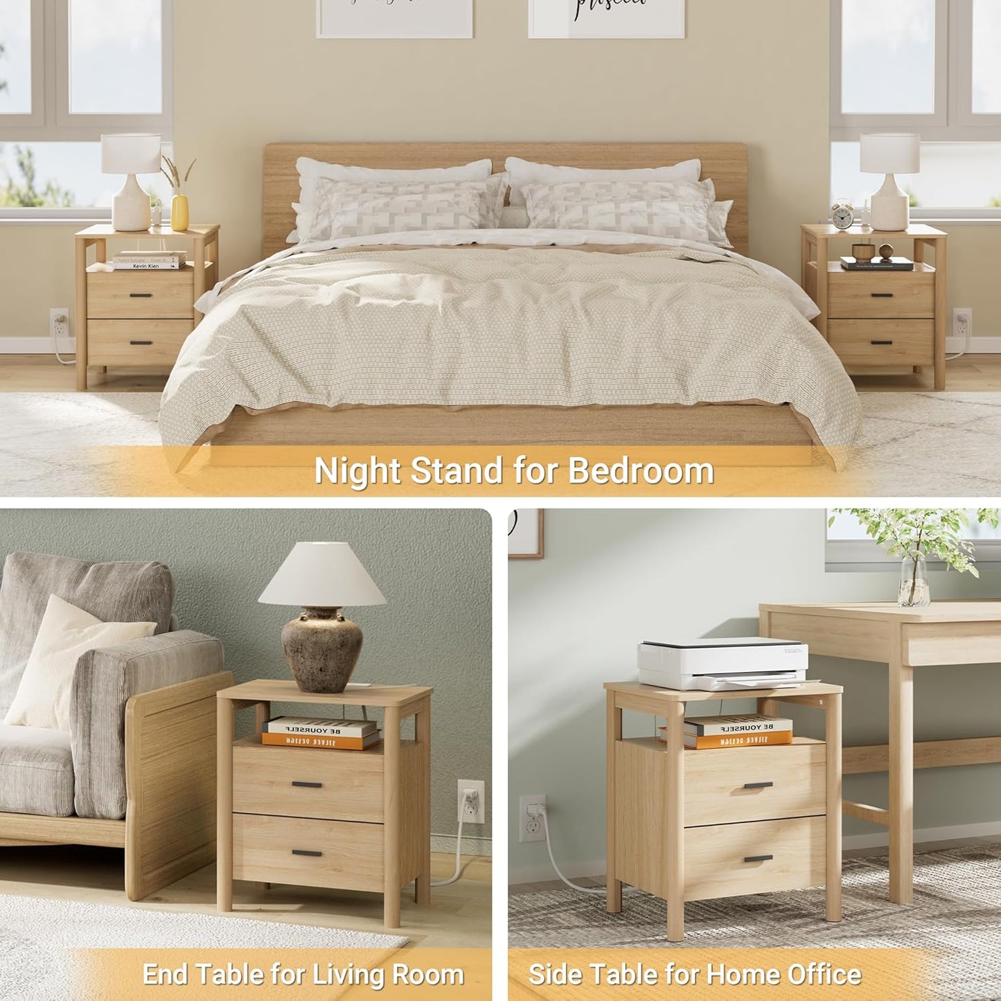 Night Stand Set of 2 with Charging Station, 20" Large Modern Side Table with Solid Round Post Legs, 2 Drawers End Table with Open Shelf, Nightstand for Bedroom, Natural Oak