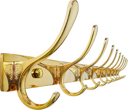 SKOLOO Wall Mounted Coat Rack - 10 Hooks, Heavy Duty, Stainless Steel, Metal Wall Hangers, Sturdy Coat Hooks for Hanging Coats, Jacket, Clothes, Hat, Bright Gold