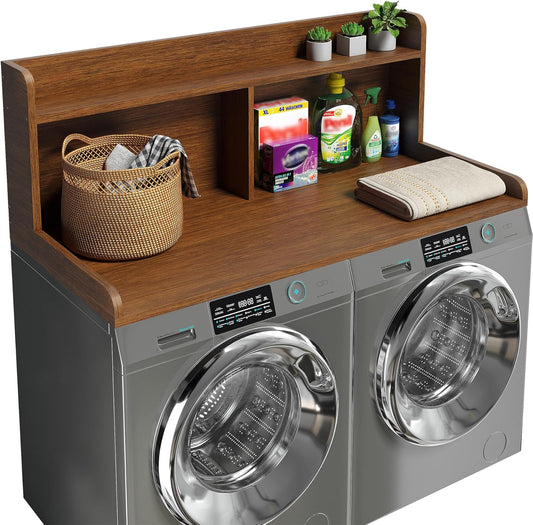 2-Tier Washer Dryer Countertop, 18.5" Raised Height Laundry Countertop with Edge Rails and Non-Slip Pad, 54"W x 27.55"D Washer and Dryer Topper for Laundry Room Storage Organization (Brown)
