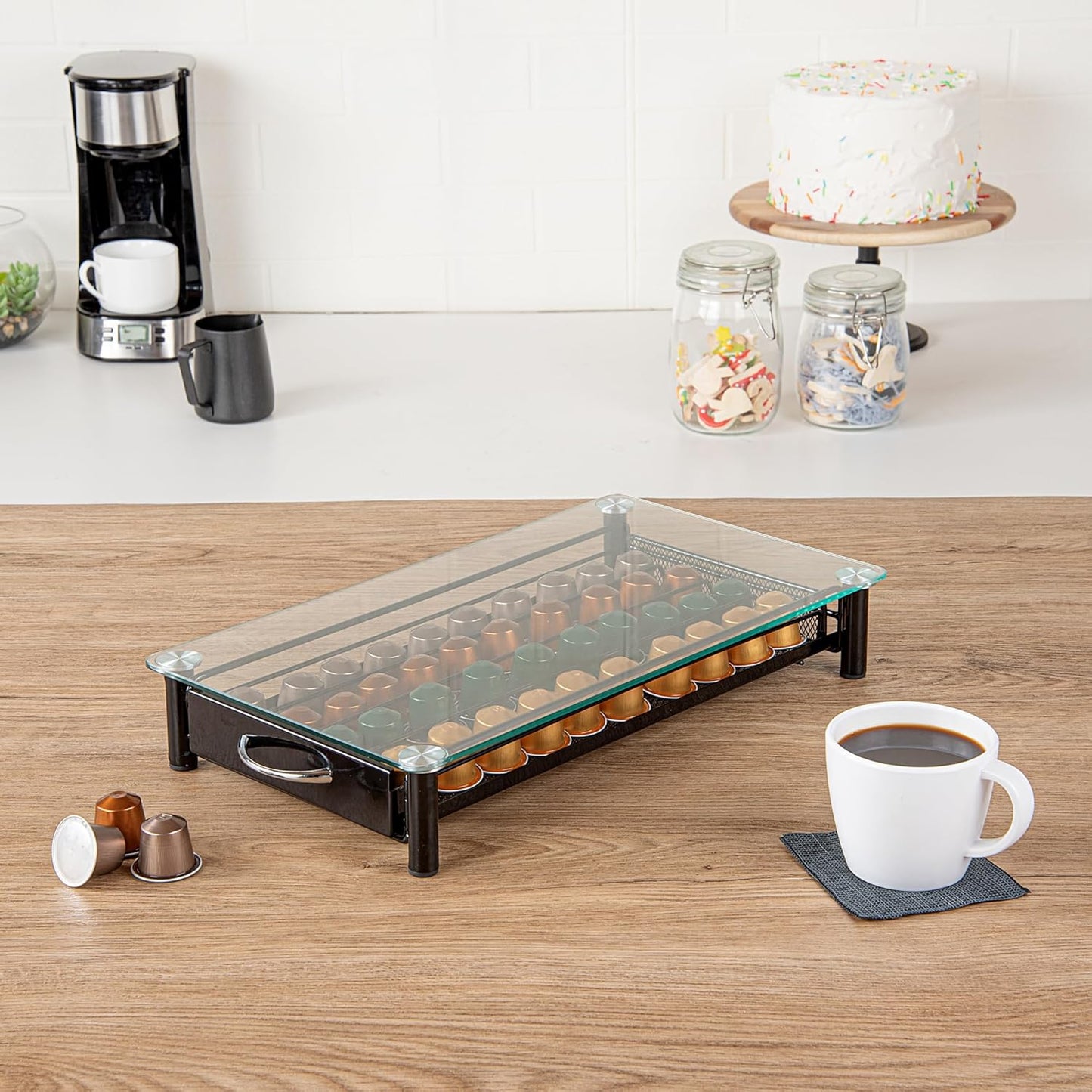 Restaurantware Restpresso 15.9 x 9.3 x 2.8 Inch Coffee Capsule Drawer 1 Heavy-Duty Pod Drawer - Holds 40 Nespresso Capsules Glass Top Iron Espresso Pod Organizer Mesh Tray Pods Not Included