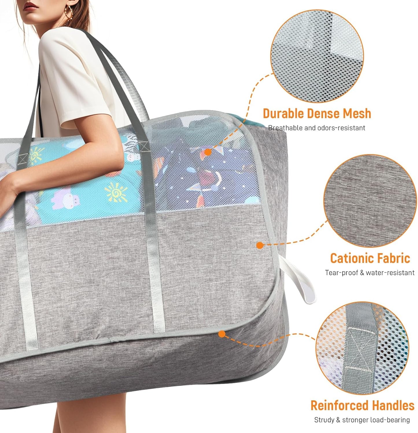 Collapsible Laundry Baskets with 3 Compartment, 150L Tear-proof Pop Up Hamper, Foldable Laundry Basket with Tote Handles, Dirty Clothes Hamper for Laundry, Bedroom, Bathroom, Dorm Grey