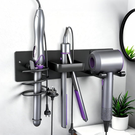 Hair Dryer Holder Blow Dryer Holder for Wall Mount Curling Iron Holder Flat Iron 3 in 1 Bathroom Hair Tool Organizer Rack, Matte Black