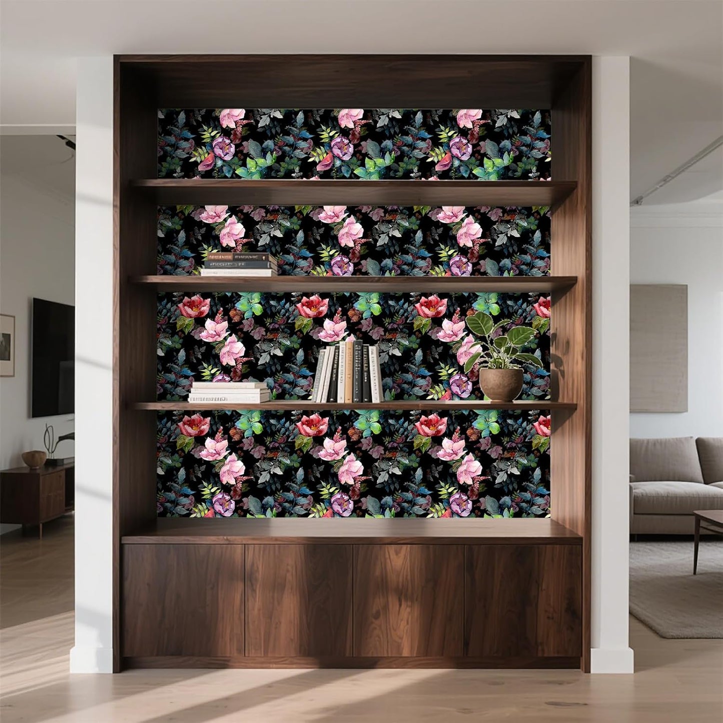 HAOKHOME Floral Shelf Liner and Cabinet Liner, Self-Adhesive Drawer Liners, Peel and Stick Contact Paper Liner Kitchen Cabinets and Cupboard, Bathroom Drawers,Black/Green/Pink 17.3in x 6.5ft