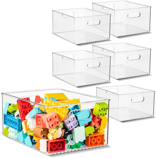 primebox Plastic Food Storage 6 Pack Clear Container Bin with Handles for Organizing Kitchen, Pantry, Refrigerator, Freezer, Pantry, Cabinet, Closet, Bathroom 10”x8”x5”
