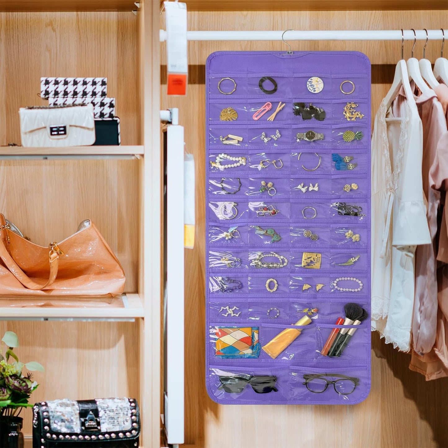 Bloss Hanging Jewelry Organizer With 90 Pockets,Earring Holder Organizer Storage For Valentine's Day Gift,Double-Sided Jewelry Holder for Earrings, Necklaces, Rings on Closet,Wall,Door(Purple)