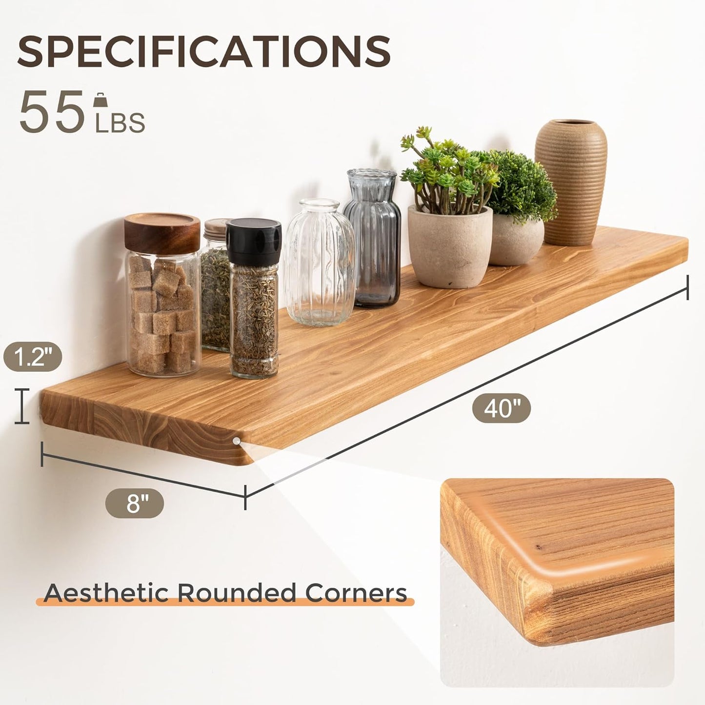 Floating Shelves 40"W x 8"D, Solid Elm Wood Shelves for Wall, 8 Inch Deep Floating Shelves for Home Storage & Display, Rustic Wooden Bathroom Shelves 40 Inch Long, Set of 2, Heavy-Duty Bookshelf