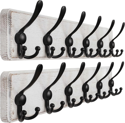 Dseap Coat Rack Wall Mounted - 24" Long 6 Tri Hooks, Heavy Duty Wooden Wall Coat Hanger Coat Hook for Clothes Hat Jacket Clothing, White and Black, Pack of 2