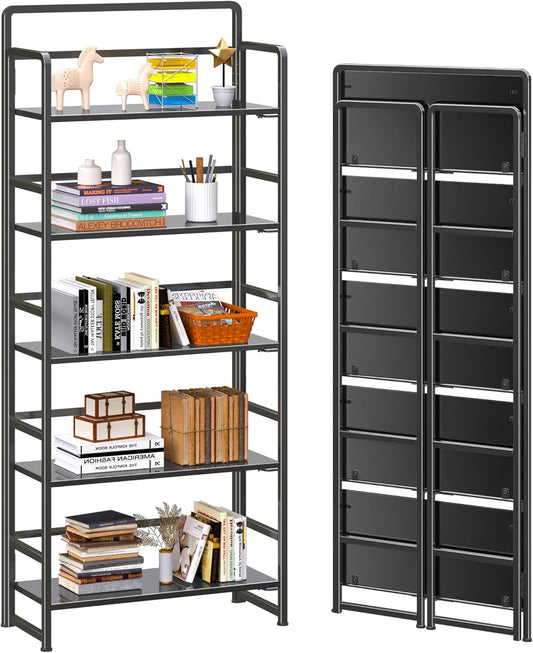 4NM No Assembly 5 Tiers Folding Bookshelf Storage Shelves Vintage Bookcase Standing Racks Study Organizer Home Office (All Black)