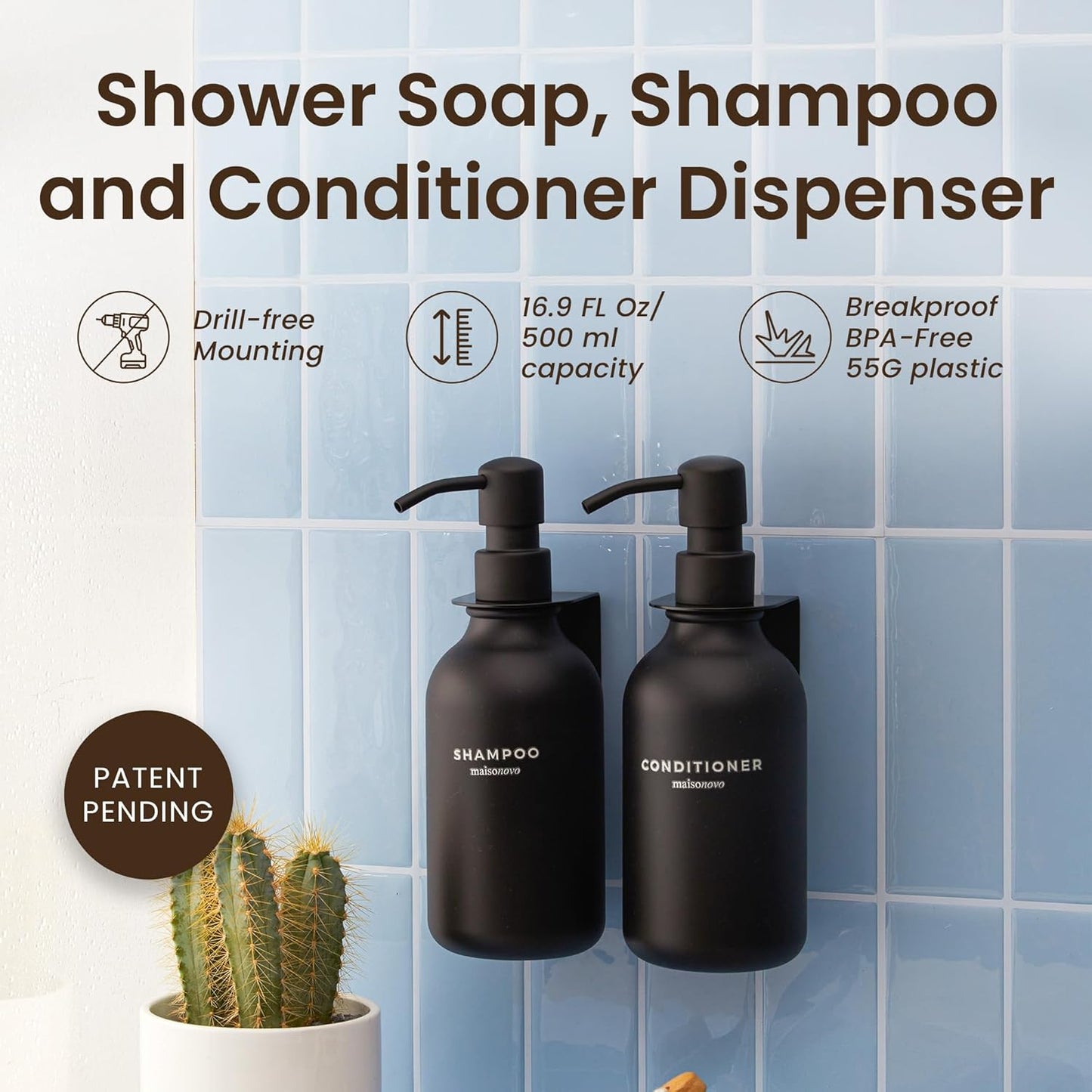 MaisoNovo Shampoo and Conditioner Dispenser - Shower Soap Dispenser Wall Mounted - 16.9 fl oz Set of 2 Black Plastic Bottles Black Pumps - 2 Chamber No Drill