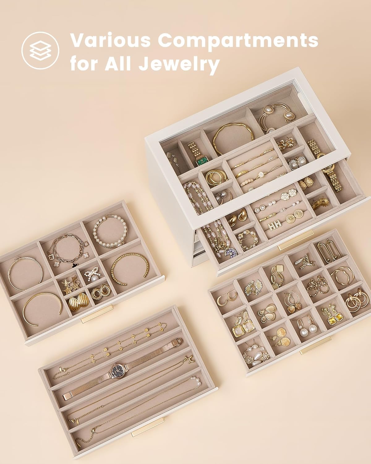 Lolalet Jewelry Box Organizer, 6-Layer Jewelry Organizers and Storage Case with Glass Lid, Ring Earring Bracelet Necklace Holder Organizer, Birthday Christmas Gifts for Women Girls -6Layer, Beige