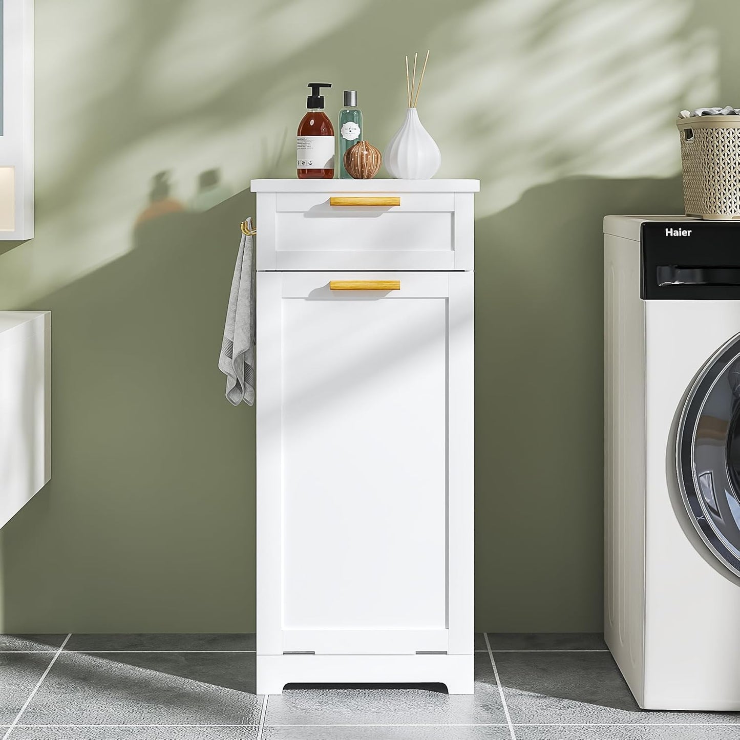 VECELO Tilt Out Laundry Hamper, 35" Bathroom Cabinet with Hidden Removable Basket, 1 Drawer and 4 Side Hooks for Storage, White