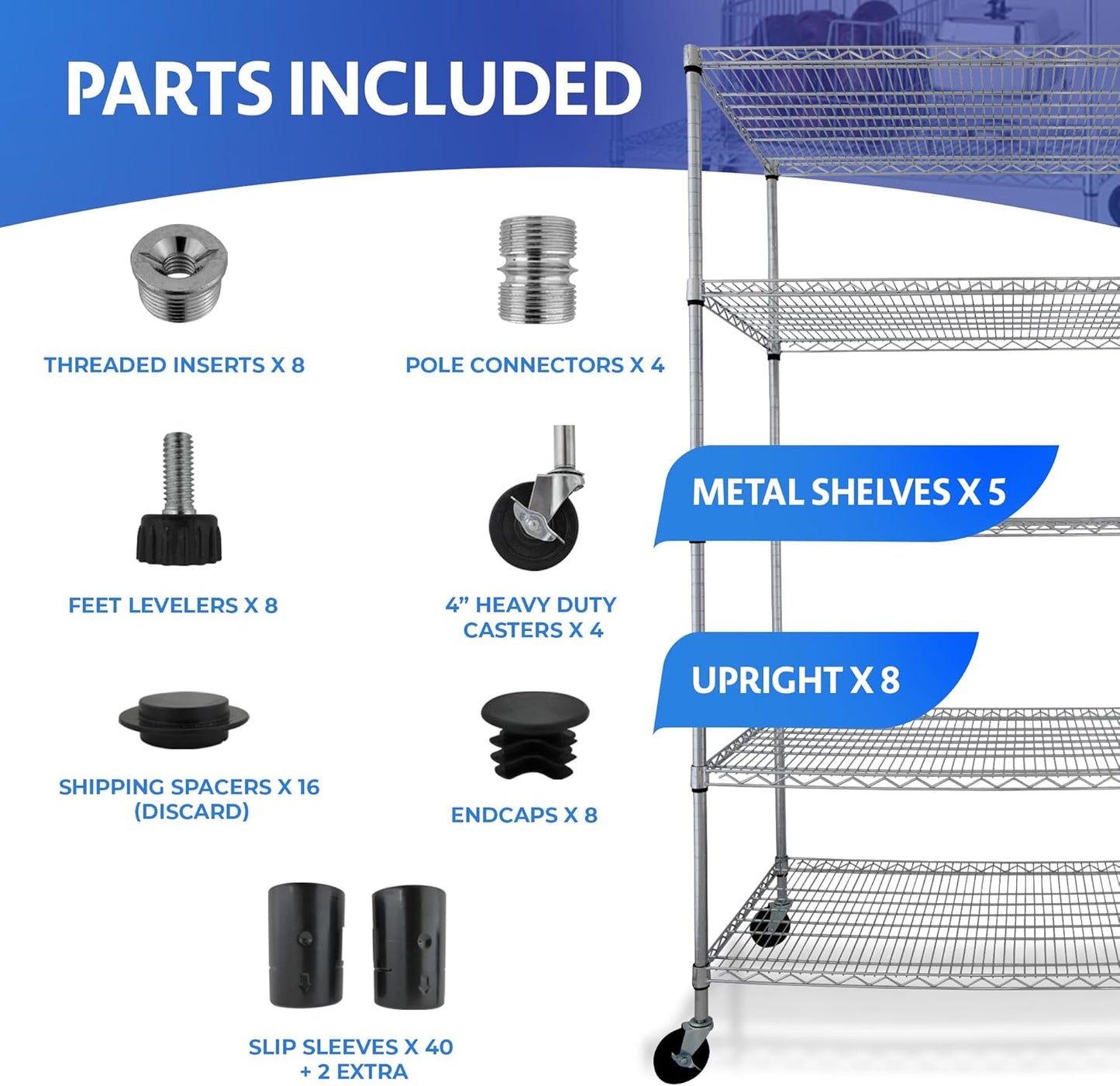 4000 LBS Heavy Duty Wire Rack 48 x 18 x 76, 5-Tier NSF Commercial Rolling Rack with Wheels, Chrome Metal Shelving Unit for Garage, Kitchen, Warehouse, Adjustable Storage Shelf, Crescent