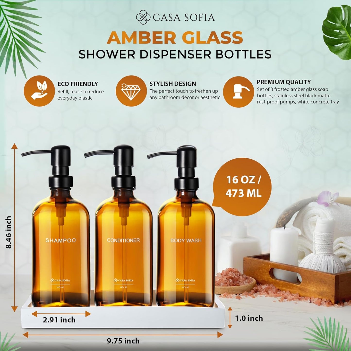 Amber Glass Shampoo and Conditioner Dispenser Set – Refillable 16 OZ Bottles with Pump, Concrete Tray Included – Modern Bathroom Organization