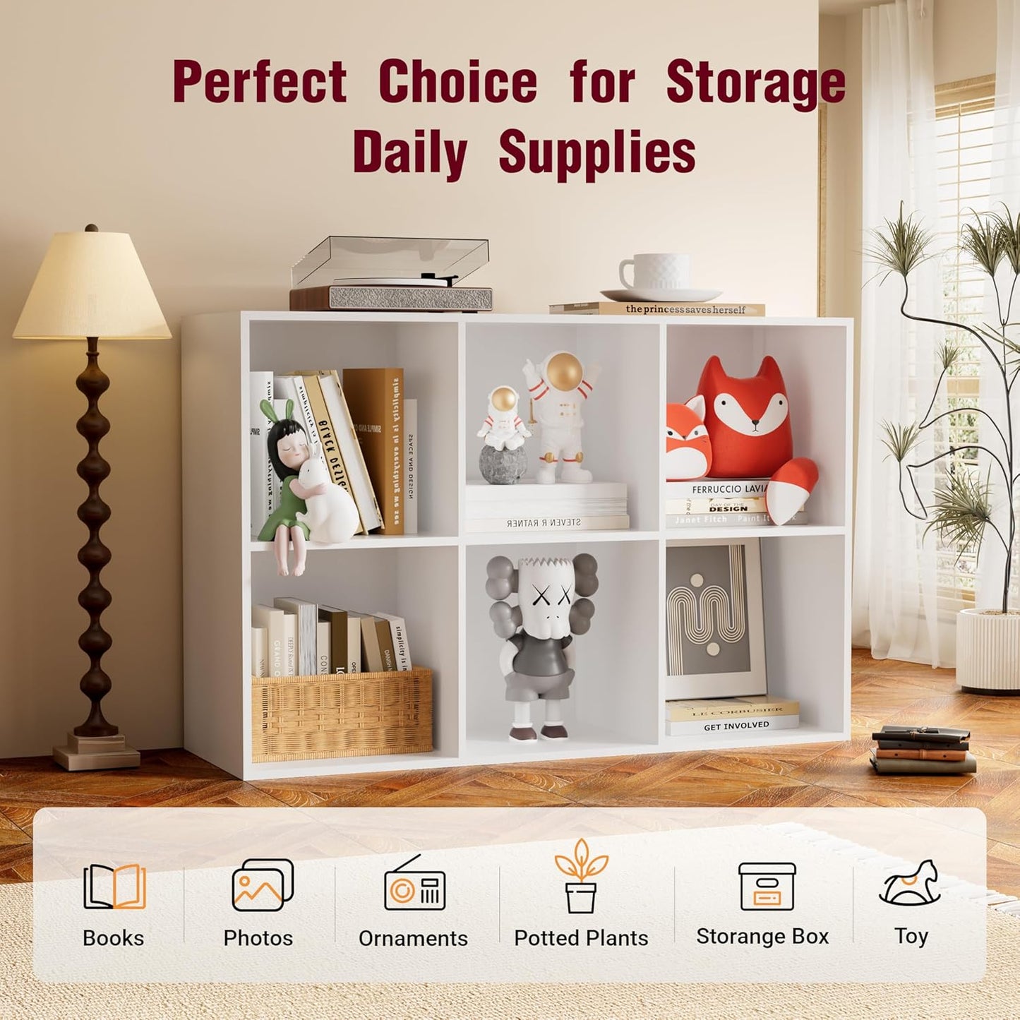 Book Shelf, Wooden Cube Storage Organizer with 11" Open Cubes, Stackable Modular Bookcase for Room Divider Storage, 2 Tier Bookshelf for Living Room, Bedroom, Office (White, 6-Cube)