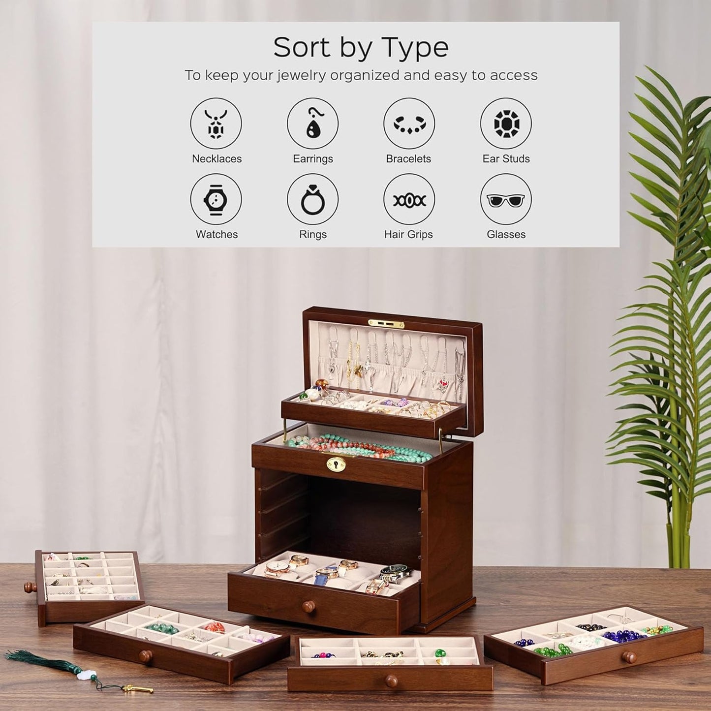 Jewelry Boxes and Organizers - Large Wooden Lockable Cabinet with Key, 8-Layer dresser top jewelry organizer, Vintage Jewelry box for Women and Men GiftIdea