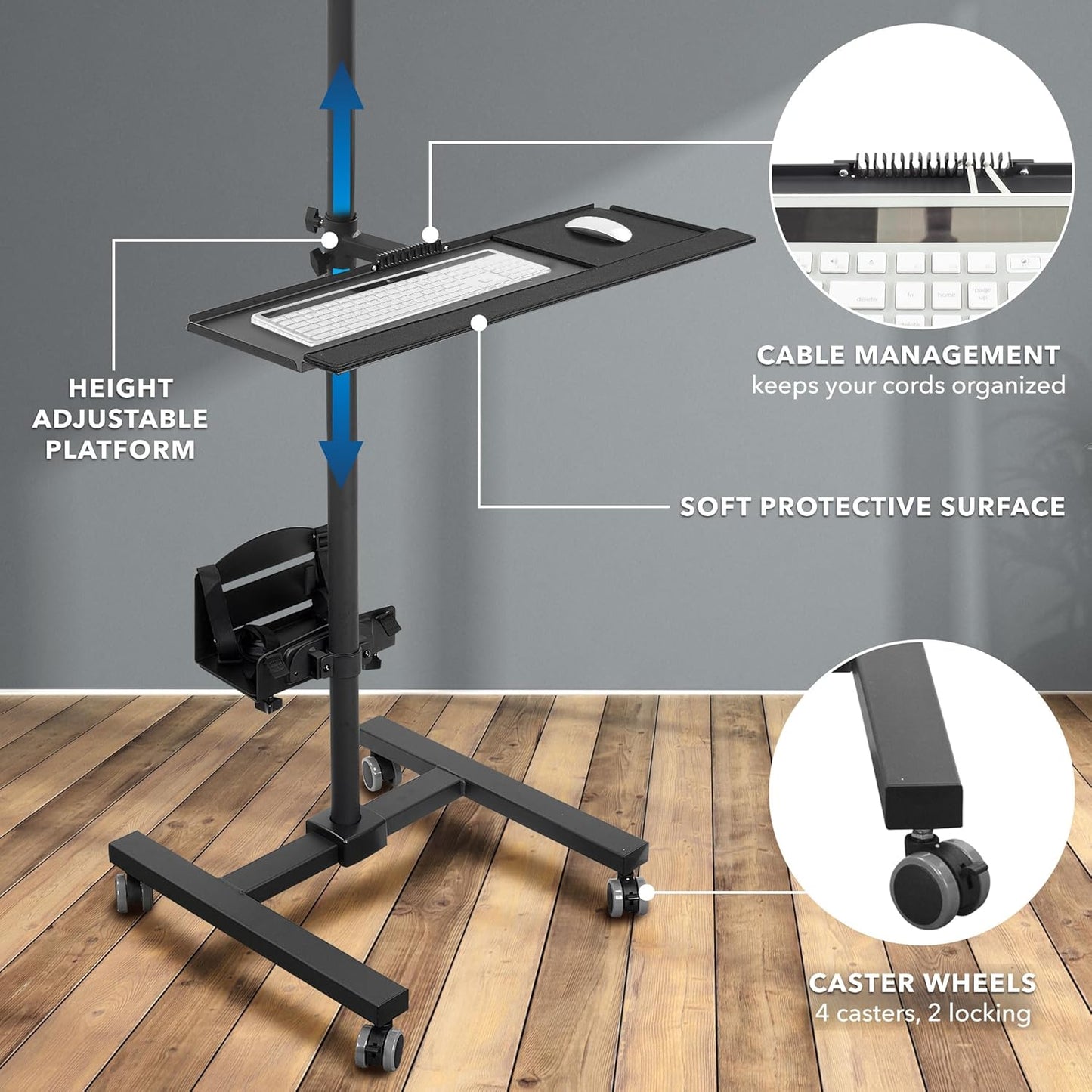 Mount-It! Rolling Computer Cart on Wheels, Mobile Desk Workstation with Monitor Mount for up to 32" Screen, Full Keyboard Tray, Floating Adjustable CPU Holder, Standing up to 70" Tall