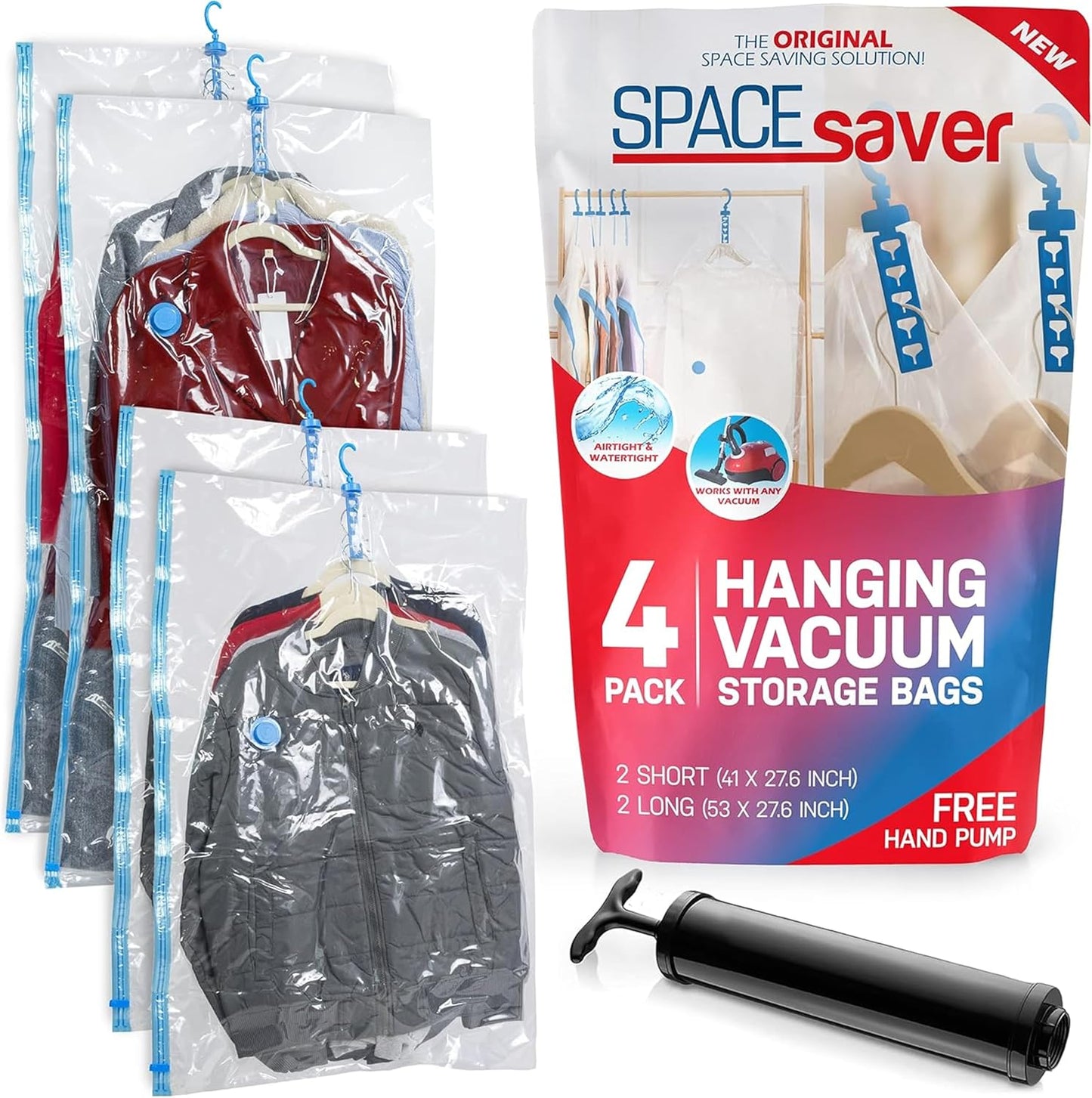 4 Pack Hanging Vacuum Storage Bags for Jackets, Clothes, Suits and Dresses – Vacuum Sealed Compression Bags with Hand Pump – Space Saver Storage Bags for Moving, Travel & Organization (2S & 2L)