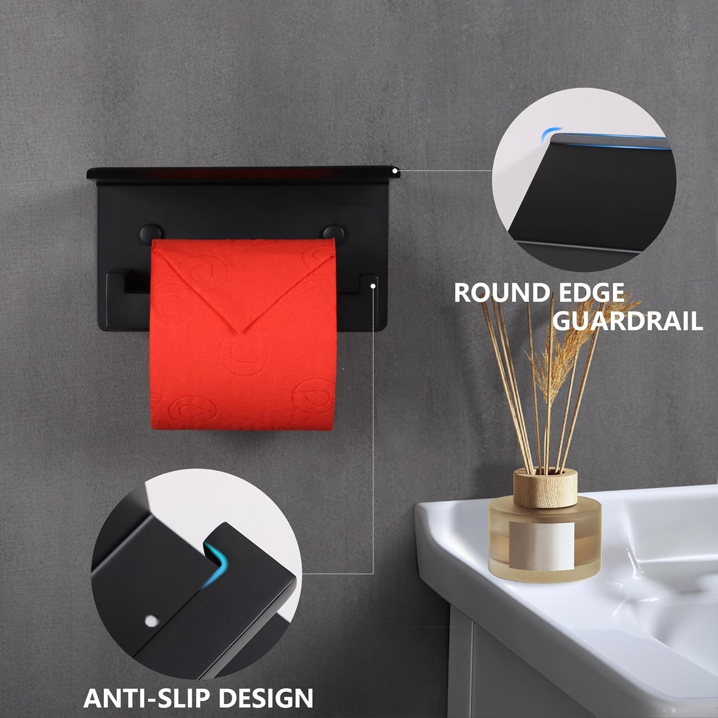 LANC Matte Black Toilet Paper Holder with Shelf Toilet Tissue Roll Holder with Phone Shelf for Bathroom Wall Mounted or Self-Adhesive Toilet Paper Roll Holder Stainless Steel, A8367MB