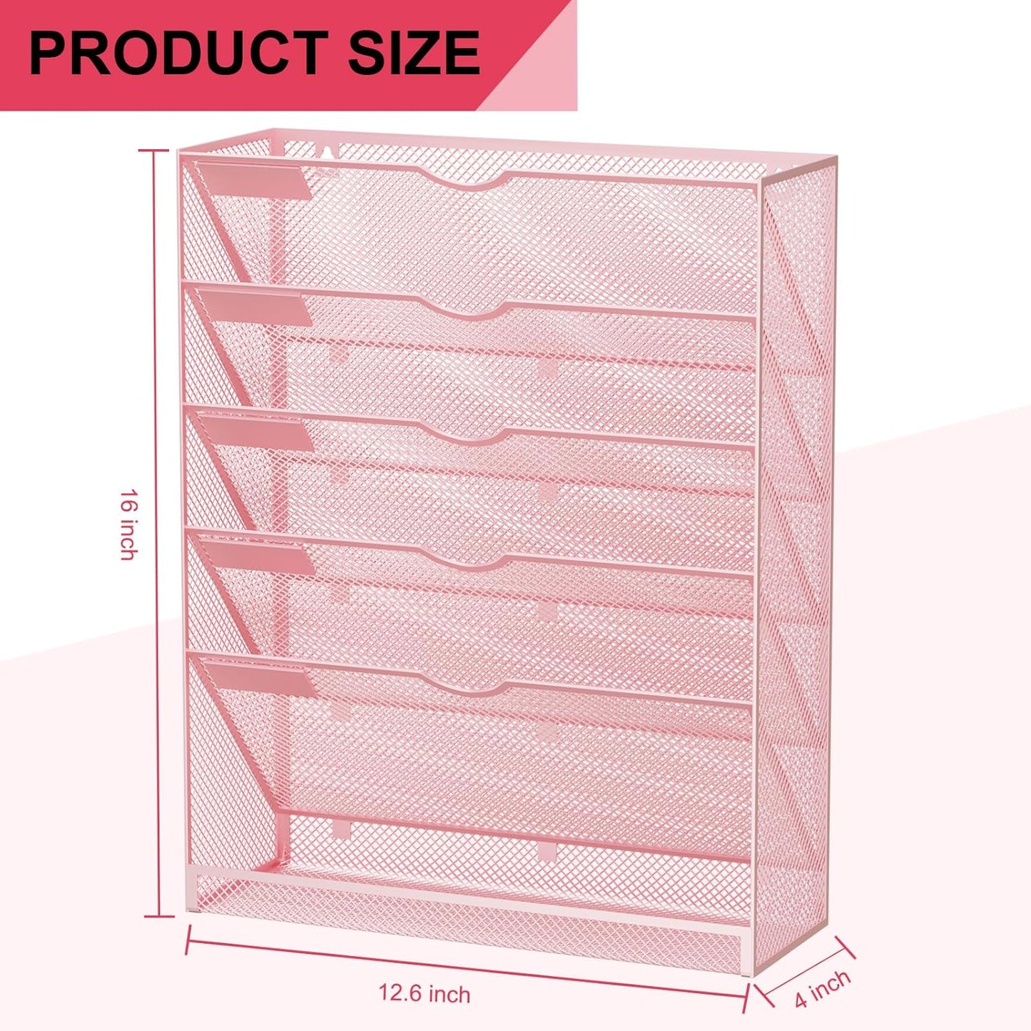 Hanging Wall File Organizer 6 Tier Wall Mounted Mail Paper Folder Holder Document Organization Stand, Vertical Desk Magazine Rack for Office Home Cubicle Countertop, Pink