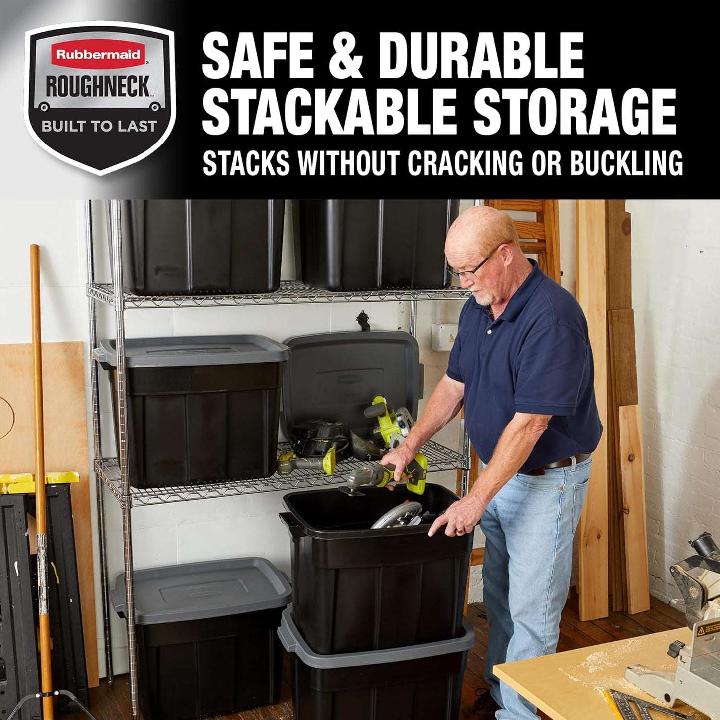 Rubbermaid 18 GAL 6 Pack Garage Storage Bins with Stackable Lid, Heavy Duty - Made in USA - Extreme Temperature Resistant, Durable Plastic Containers with Handles - Solid Black and Grey