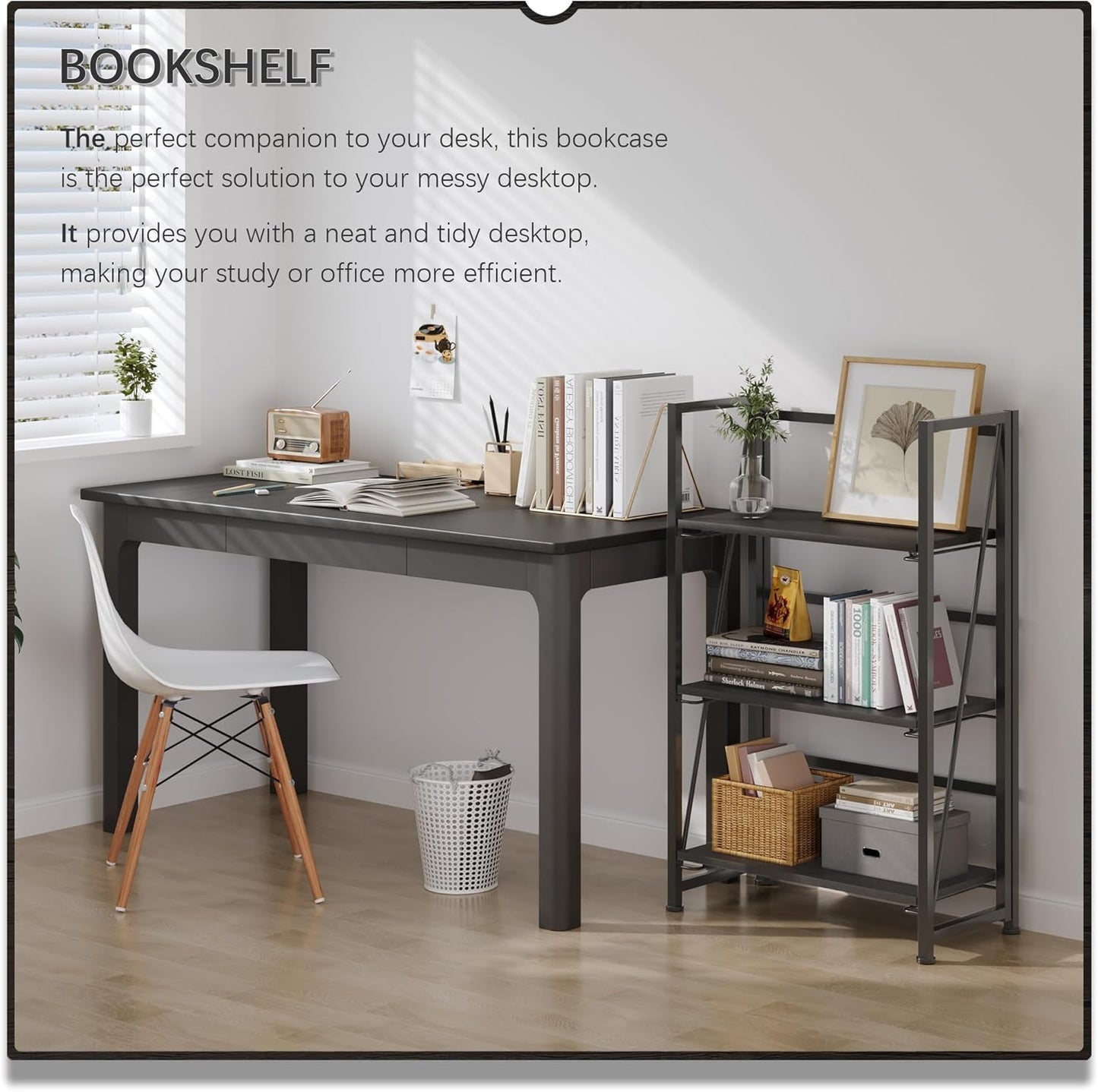 4NM No Assembly Folding Bookshelf Storage Shelves 3 Tiers Vintage Bookcase Standing Racks Study Organizer Home Office (All Black)