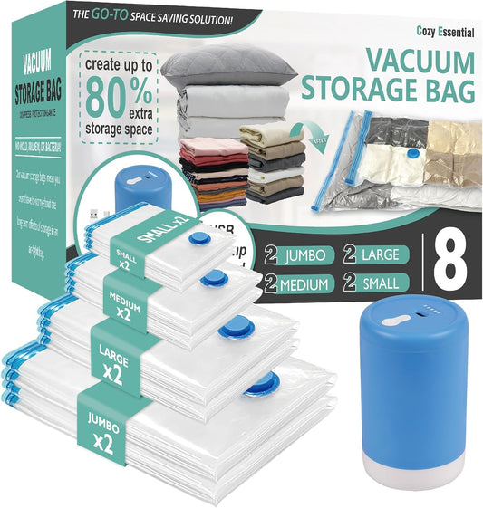 8 Pack Travel Vacuum Storage Bags with Rechargeable Wireless Electric Pump for Luggage, Suitcase, Carry-on Size Vacuum Seal Compression Space Saver Bags for Clothes and Clothing Travel