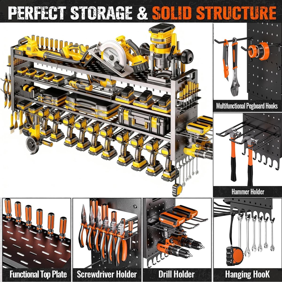 49" W Super Large Power Tool Organizer Wall Mount,Heavy Duty Cordless Tool Organizer with 14 Drill Holder,450 Lbs Capacity 4-Layer Garage Organization for Garage and Workshop (Black)